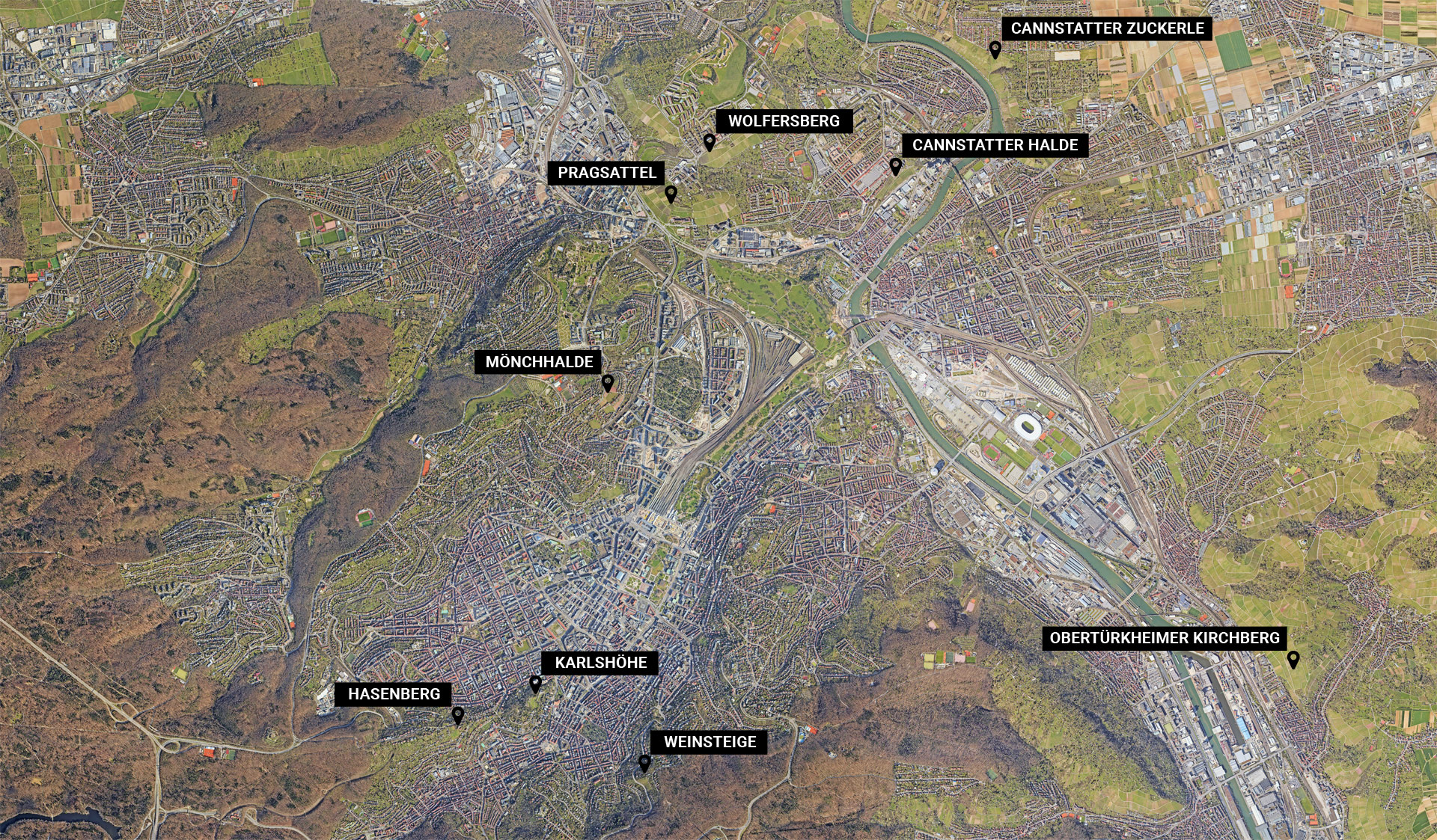 Weingut der Landeshauptstadt Stuttgart | Die Weinlagen des städtischen Weinguts. Grafik: Stadtmessungsamt (verändert)